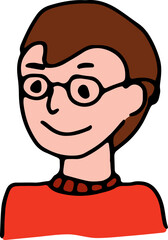 Obraz premium Hand-drawn doodle of a fun, bespectacled nerd guy in a sweater. Grunge line art style, ideal for avatars, icons, posters, or logos. Perfect for geeky, casual, or playful themes