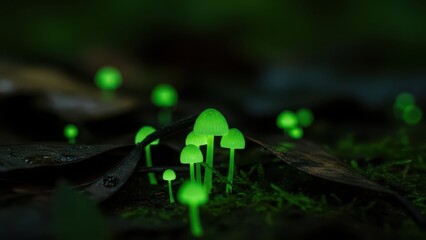 Vibrant green bioluminescent mushrooms glow brightly on a dark, mossy forest floor, creating an enchanting, mysterious nocturnal scene.