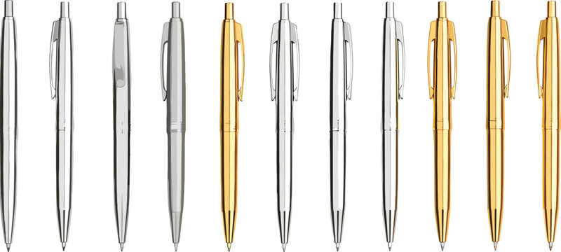 Metal ballpoint pen collection in silver and gold finishes showing multiple angles isolated on white background realistic stationery vector illustration