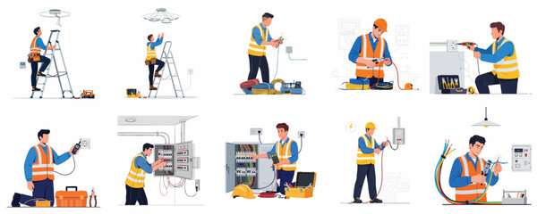 Obraz premium Collection of Vector Illustrations Showing Electricians Performing Various Electrical Installation, Maintenance, and Repair Tasks.