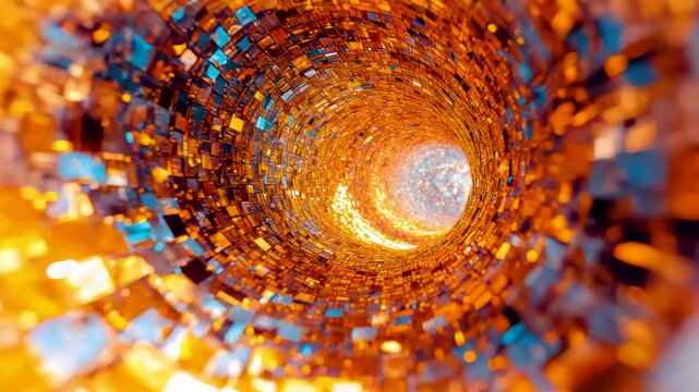 Vibrant orange blue particle tunnel swirling vortex glowing center bright light endless corridor abstract energy flow space journey visualization