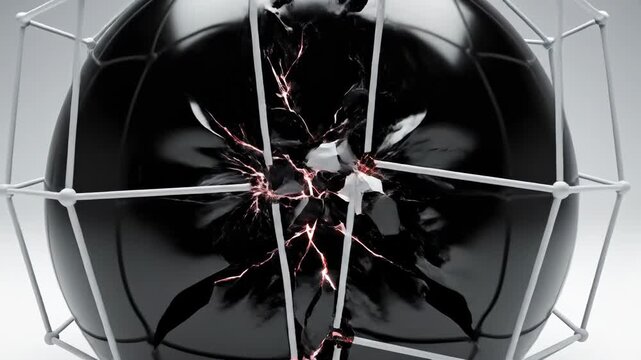 Abstract animation showing a huge, dense black sphere slowly inflating inside a fragile white geometric box until the structure strains and cracks conceptual, overwhelming, issue