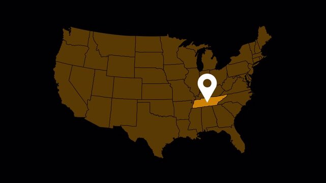 High quality 4K animation of the Tennessee state map with a location pin marker. Clean motion graphic suitable for navigation, travel, business location, presentations