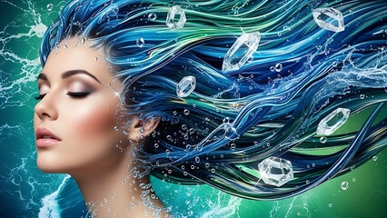 Female portrait with liquid-like hair merging with water waves, floating crystals and bubbles, multisensory visual experience, rich colors, shallow depth of field