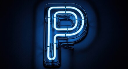 Glowing blue neon letter P sign on dark background