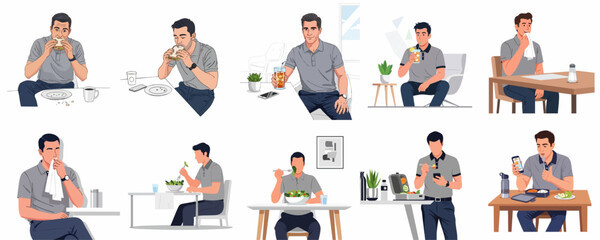 Diverse flat vector illustrations of a man eating, drinking, and taking meal breaks, showcasing different food and dining scenarios throughout the day.