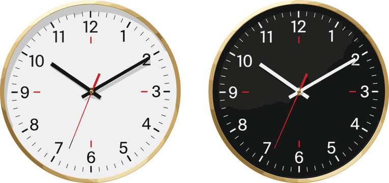 Modern wall clock set with white and black faces showing time isolated on white background realistic vector illustration