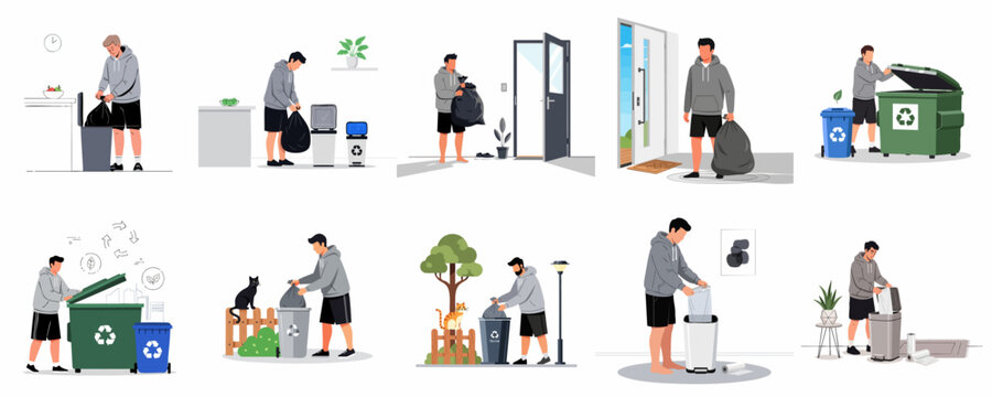 Waste Management and Recycling Process Illustration Set: Young man performing daily household chores, taking out trash bags, and sorting refuse into proper bins.