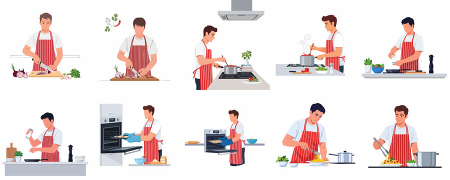 Home cooking process illustrations: Man chopping vegetables, stirring sauce, seasoning food, baking cookies in oven, and serving pasta dish.