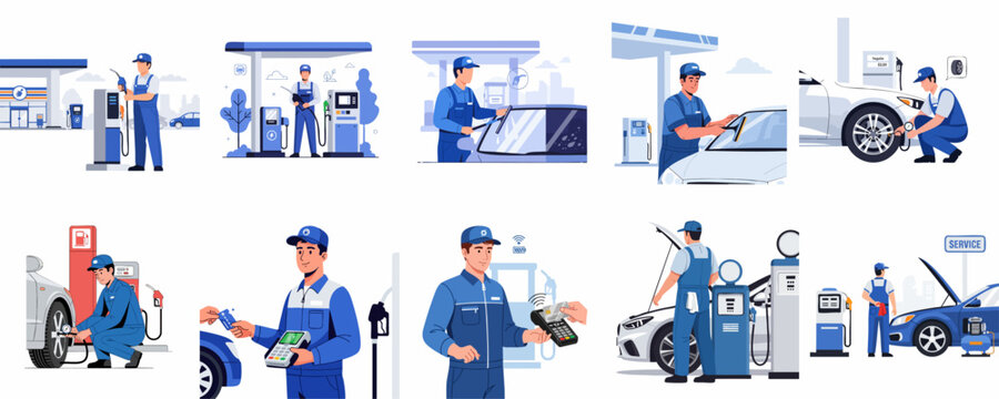 Comprehensive gas station services illustration set: attendant fueling vehicles, checking tires, washing windows, and processing credit card payments.