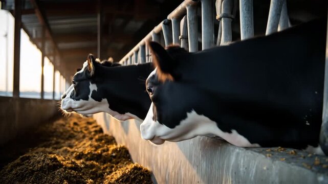 給餌槽で子牛が餌を食む牧場の穏やかな情景