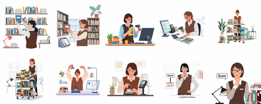 Librarian Job Duties Collection: Woman sorting books, checking out materials, stamping due dates, and asking for quiet in the library environment.