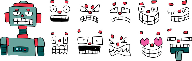 Fototapeta premium A funny metallic robot. A set of facial expressions with an avatar. Drawn with black grunge lines, suitable for avatars, icons, posters, or branding