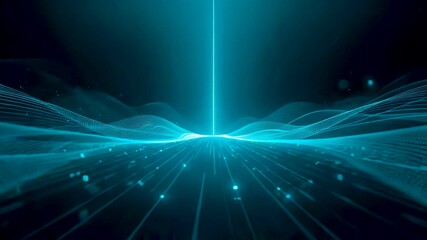 Turquoise glowing energy lines converge horizon bright vertical beam flowing waves particles infinite tunnel abstract digital space background - Powered by Adobe