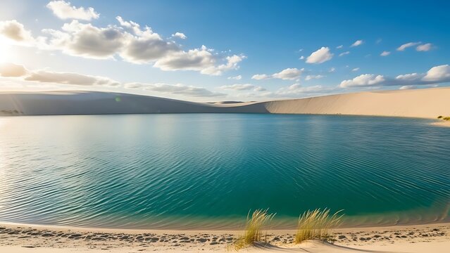 Serene lake surrounded by sandy dunes and mountains - Powered by Adobe