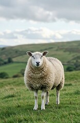 Sheep standing on lush green hillside, looking at camera with serious expression. Concept of tranquility in pasture, showcasing natural beauty and peacefulness in nature.