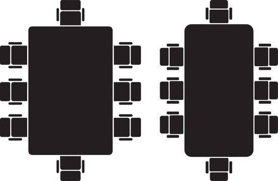Rectangular conference table with eight chairs top view silhouette icons. Ideal for office floor plans, boardroom meetings, and corporate furniture layout design.