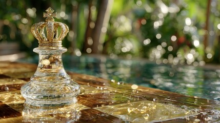 A wooden queen on a chessboard, framed by an autumn park background, signifies strategic thinking and leadership in an outdoor gaming context