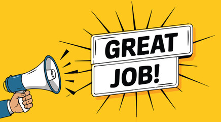 megaphone announcement with great job signs on yellow background