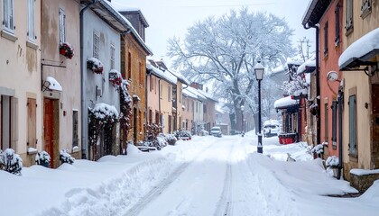 Fototapeta premium Charming European Street Covered in Fresh Snow on a Winter Day.