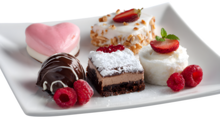 Assorted gourmet desserts on white plate isolated on transparent background