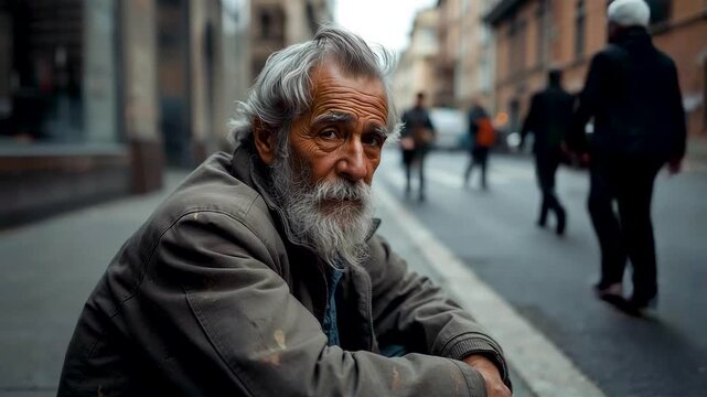 Elderly bearded man sitting on city sidewalk pavement begging homeless senior gray coat white beard street people walking urban poverty scene