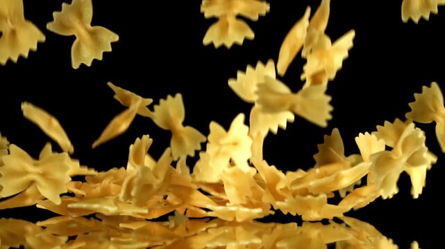 Super slow motion dry farfalle pasta . Filmed on a high-speed camera at 1000 fps. High quality FullHD footage