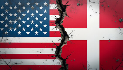 Cracked wall with American and Danish flags symbolizing geopolitical tension, division, and international relations conflict