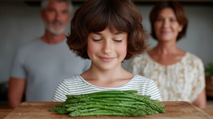 Young girl smiling at fresh asparagus on cutting board with grandparents in background, child enjoying healthy vegetables at home kitchen