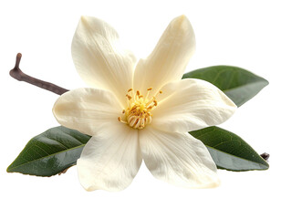 A pristine white blossom with a vanilla bean and green leaves on a transparent background