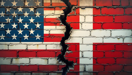 Cracked wall with American and Danish flags symbolizing geopolitical tension, division, and international relations conflict