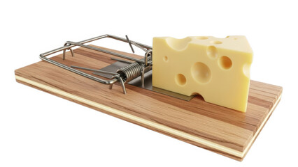 wooden mousetrap baited with a slice of swiss cheese
