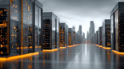 Future‑oriented data hub showcasing glowing server racks and fiber‑optic connections lit in blue and orange, depicting advanced cloud computing