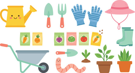 Cute gardening tools and supplies illustration set with plants, seeds, gloves, wheelbarrow, watering can for kids education © Milon Creative