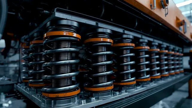 Industrial suspension coils springs shock absorbers orange dampers engine block machinery mechanical assembly automotive precision engineering