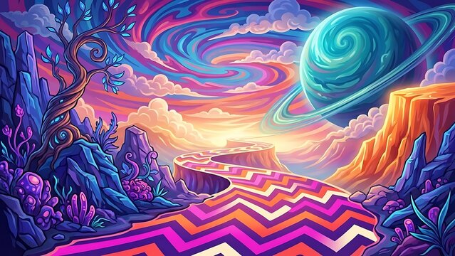Vibrant cosmic landscape with swirling planets - Powered by Adobe