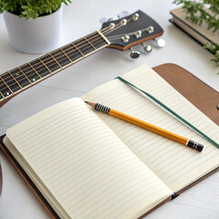 Notebook and pencil on guitar