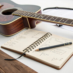 Notebook and pencil on guitar