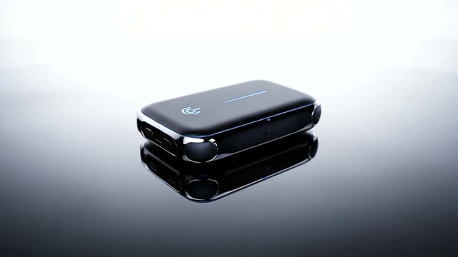 Sleek portable device reflecting on glossy surface
