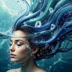 Female portrait with liquid-like hair merging with water waves, floating crystals and bubbles, multisensory visual experience, rich colors, shallow depth of field