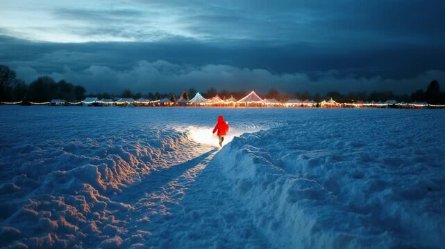 A lone child in a vibrant red coat walks through a snow-covered field illuminated by festive lights in the distance, capturing the magic of winter adventures and holiday spirit.