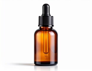 Fototapeta premium Ultra-high-resolution studio product photography of an unbranded amber glass cosmetic bottle with black dropper cap, isolated on clean white background, soft professional lighting, subtle realistic sh