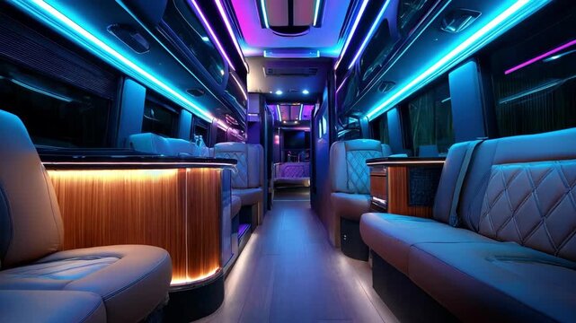 Medium shot showcasing a luxury tour bus interior with plush seating ambient lighting and premium finishes designed for music professionals.