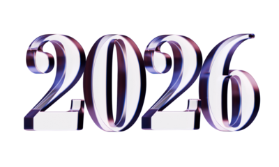 Isolated happy new year 2026 blue purple glass letter 3d illustration
