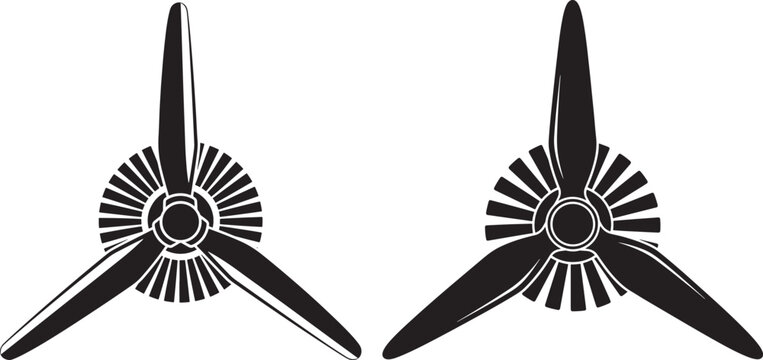 Airplane propeller and radial engine silhouette icons. Vintage aviation propulsion system symbol for aircraft, aerospace, and engineering concepts.
