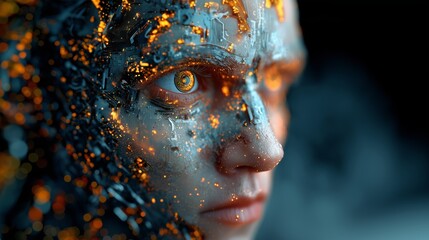 Futuristic AI Robot Head Close Up With Metallic Circuits And Orange Glowing Eyes