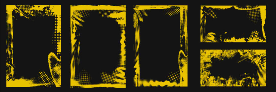 Glitch distorted noise destroyed vertical frame set. Trendy defect halftone borders.