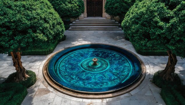 Viewed from above, the circular garden fountain's upward water jets are framed by green‑trimmed hedges, paved walkways, and nearby trees, embodying an elegant, modern design that yields a peaceful