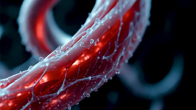 Red Glowing Twisted DNA Double Helix Strand with Wet Droplets and Sparkling Highlights on Dark Background Genetic Structure Detail