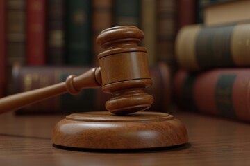 Essential Tools for Compliance with the Law: Close-Up of Wooden Gavel and Soundboard Surrounded by Law Books.